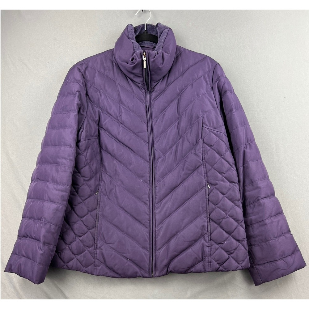 Nine West Puffer Jacket Women XL Down Feather Quilted Purple Funnel Neck Good